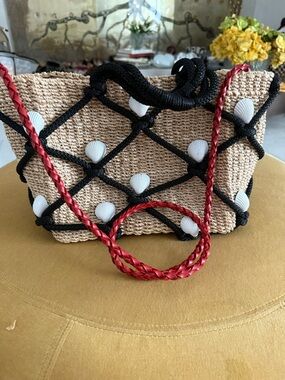 Woven Straw Shell Accent Crossbody Bag in Natural and Black with Red Strap